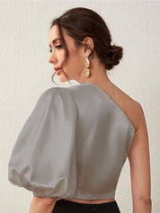 Kotty One Shoulder Puff Sleeve Satin Crop Top