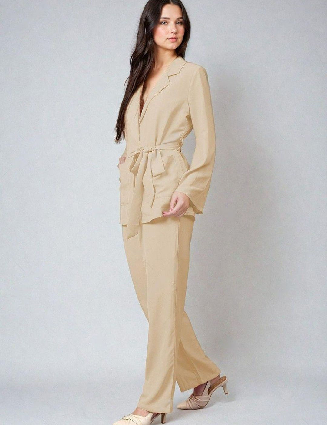 Kotty Beige Notch Lapel Collar Blazer With Trousers