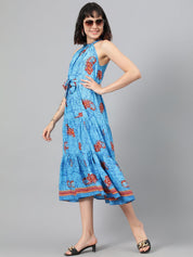 Kotty  Ethnic Motifs Printed Halter Neck Layered Crepe Fit & Flare Midi Dress