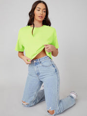 Kotty Round Neck Drop-Shoulder Sleeves Oversized Crop T-shirt