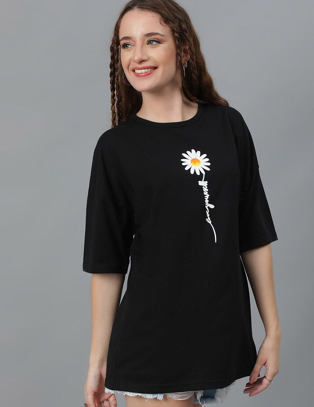 Kotty Graphic Printed Round Neck  Drop-Shoulder Sleeves Pure Cotton Oversized T-shirt