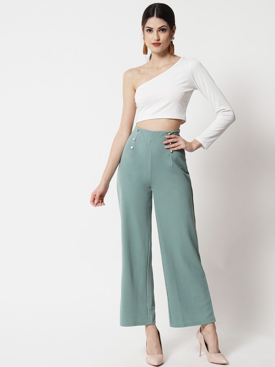 Kotty Women Green Relaxed Straight Fit High-Rise Easy Wash Pleated Trousers