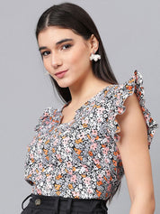 Kotty Women Floral Printed Sweetheart Neck Flutter Sleeves Top