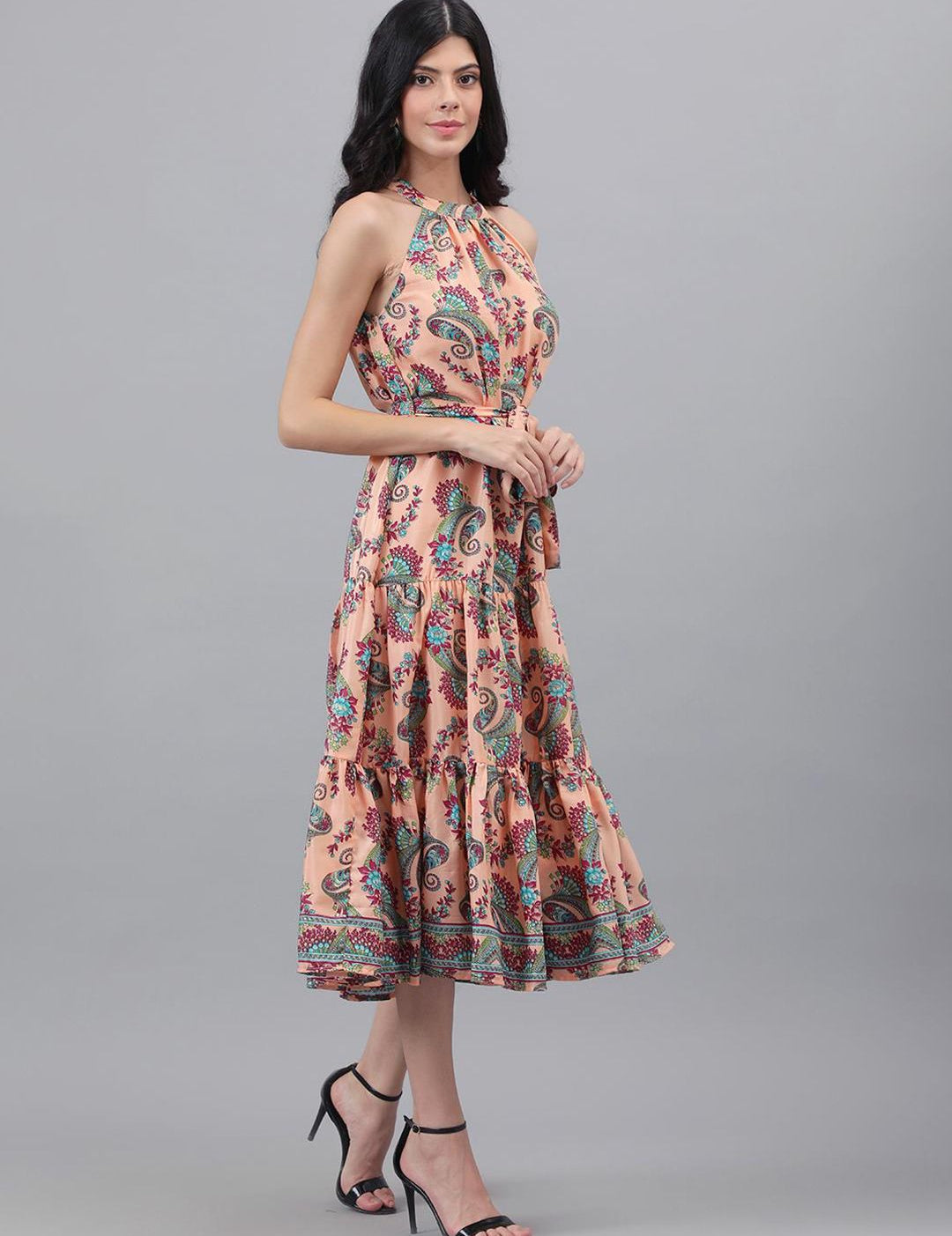 Kotty Orange and Maroon Paisley Printed Choker Neck Tiered Fit & Flare Midi Dress