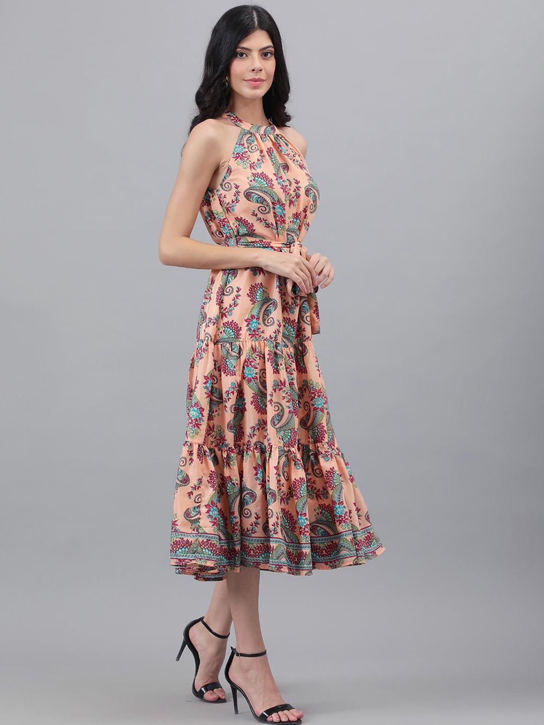 Kotty Orange and Maroon Paisley Printed Choker Neck Tiered Fit & Flare Midi Dress