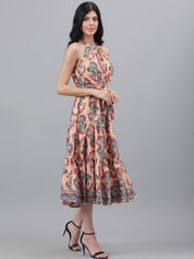 Kotty Orange and Maroon Paisley Printed Choker Neck Tiered Fit & Flare Midi Dress
