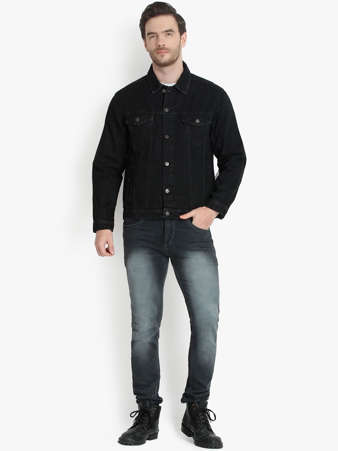 Kotty Men Black Solid Denim Jacket