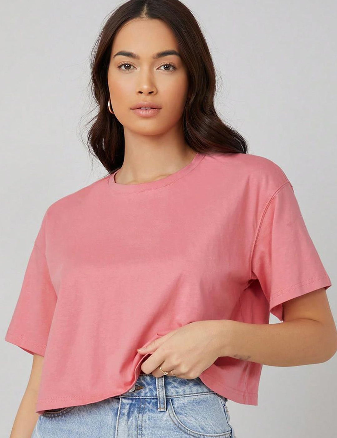 KOTTY Basics Pink Round Neck Drop-Shoulder Sleeves Crop Oversized T-shirt