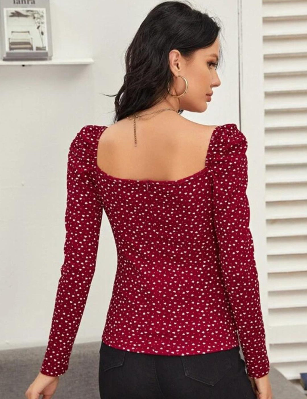 Kotty Maroon Polka Dot Printed Sweetheart Neck Puff Sleeve Crepe Top