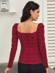 Kotty Maroon Polka Dot Printed Sweetheart Neck Puff Sleeve Crepe Top