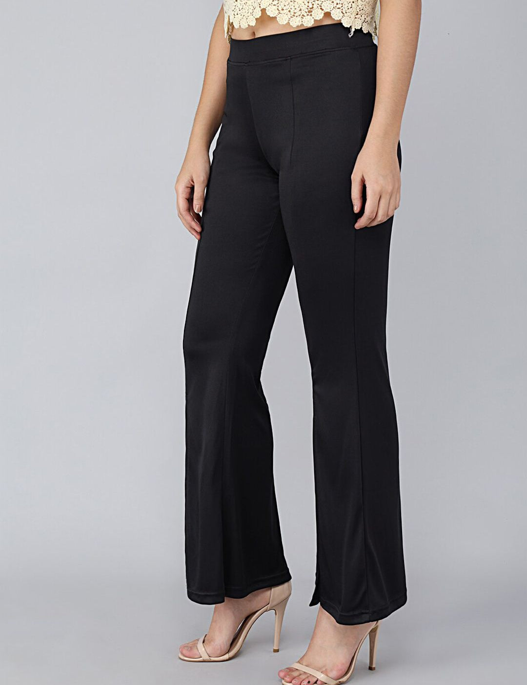 Kotty Women Black Solid Flared High-Rise Bootcut Trousers