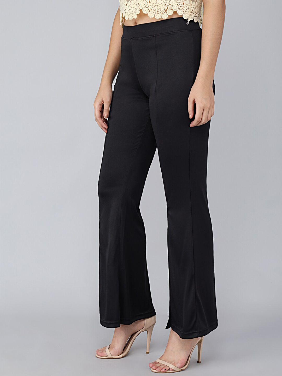 Kotty Women Black Solid Flared High-Rise Bootcut Trousers