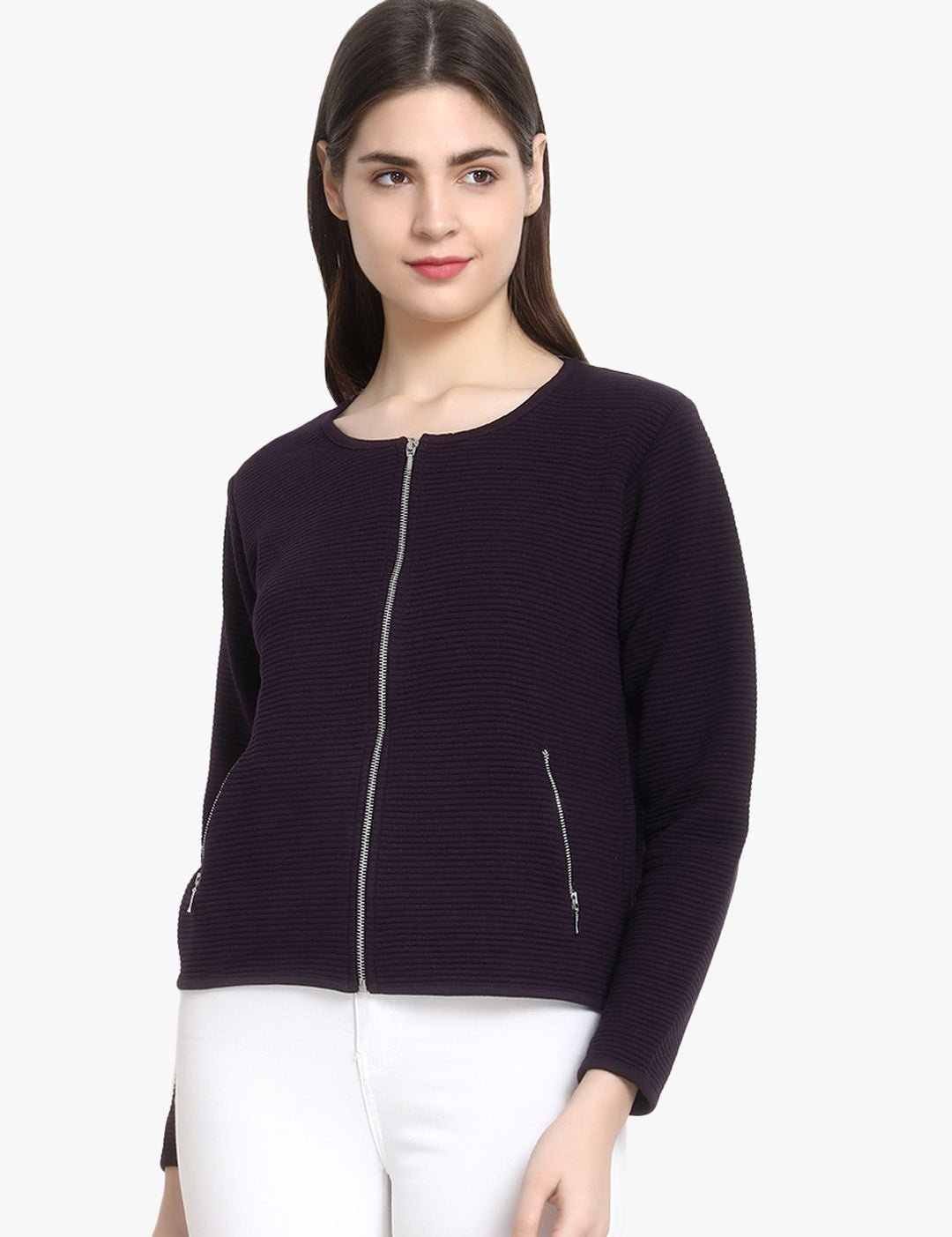 Kotty Women Purple Self Design Lightweight Tailored Jacket