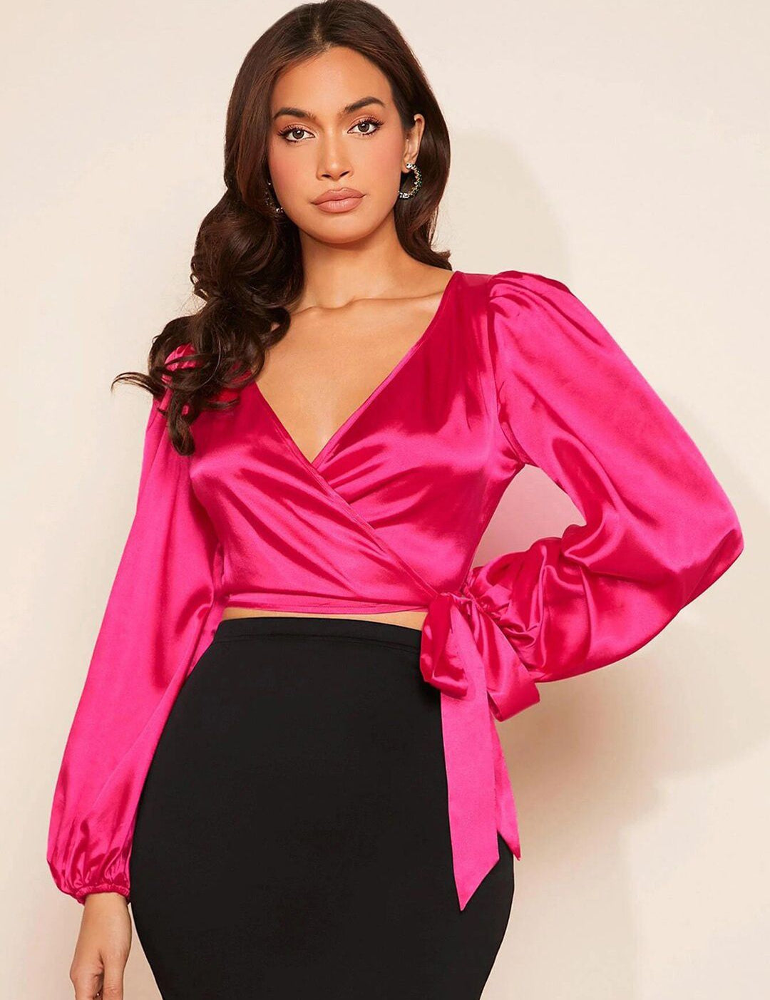 Kotty Hot Pink V-Neck Bishop Sleeve Satin Wrap Crop Top