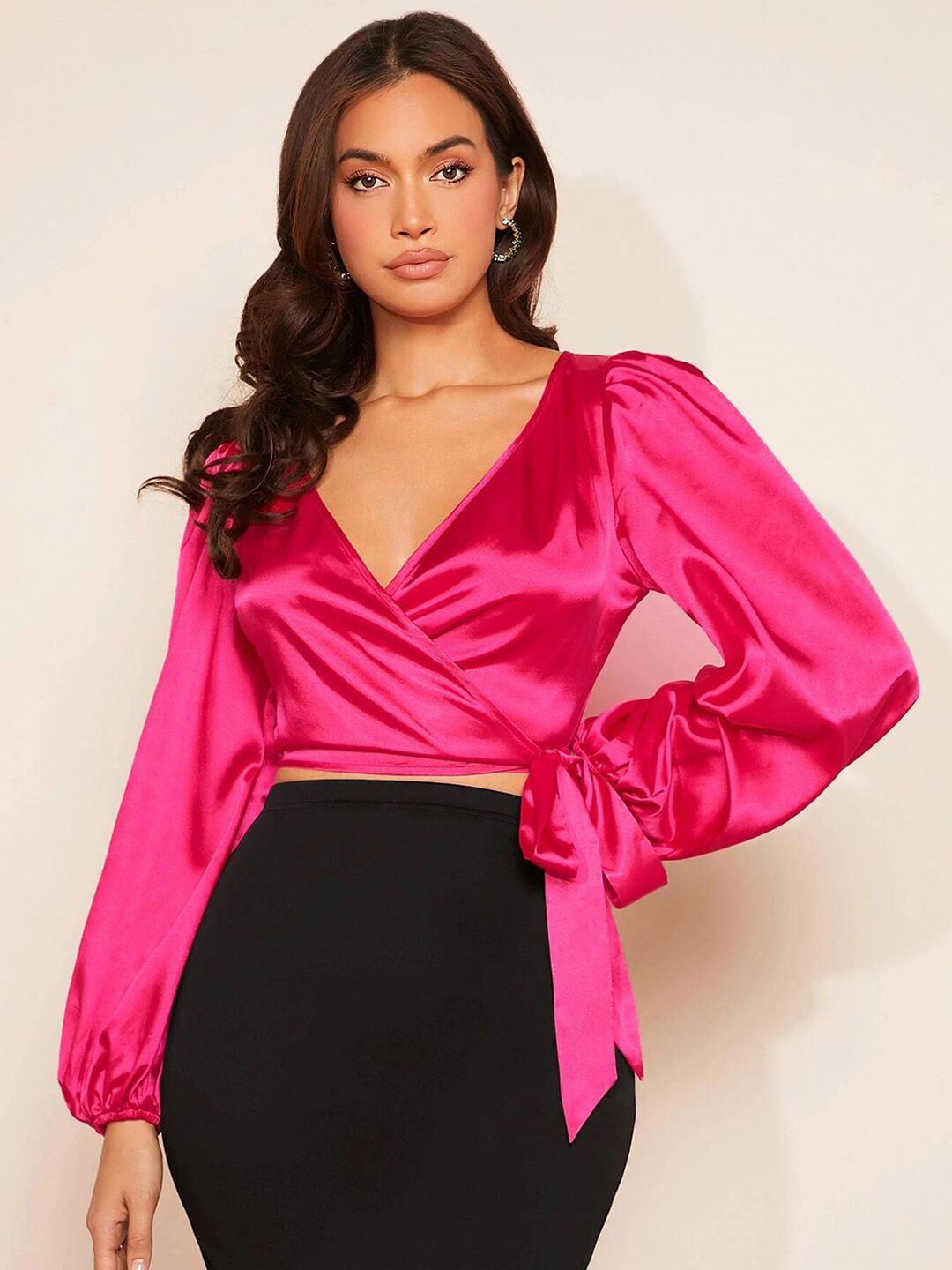 Kotty Hot Pink V-Neck Bishop Sleeve Satin Wrap Crop Top