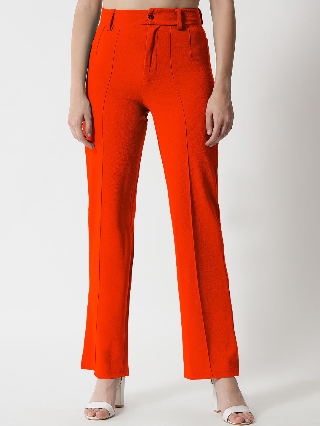 KOTTY BIZwear Women Orange Relaxed Straight Fit High-Rise Easy Wash Trousers