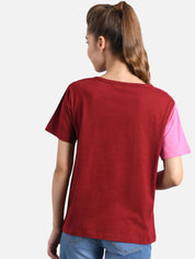 Kotty Women Maroon & Turquoise Blue Colourblocked Round Neck T-shirt
