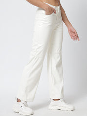 Kotty Women White Relaxed Straight Fit Faux Leather Trouser