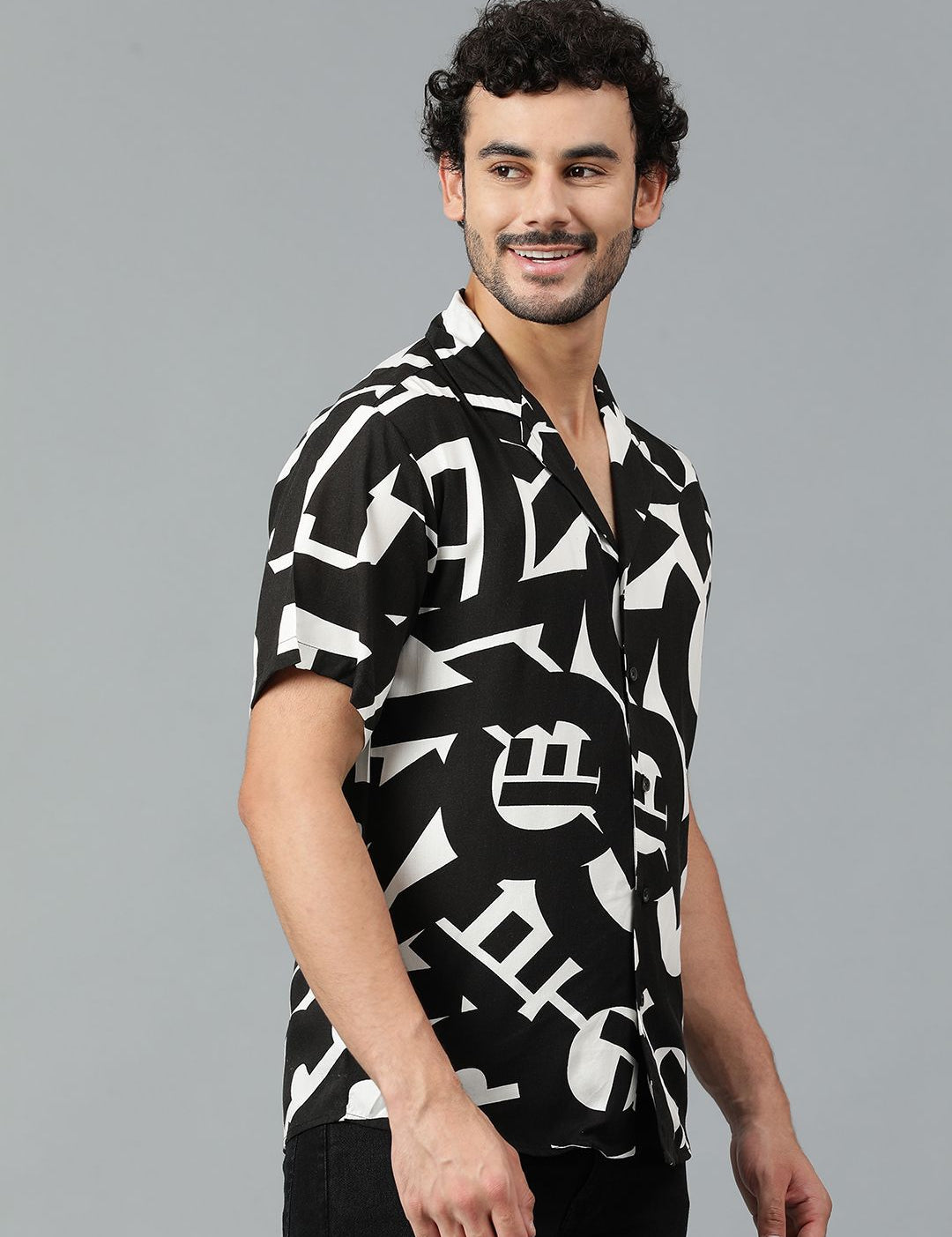 Kotty Men Cuban Collar Abstract Printed Casual Shirt