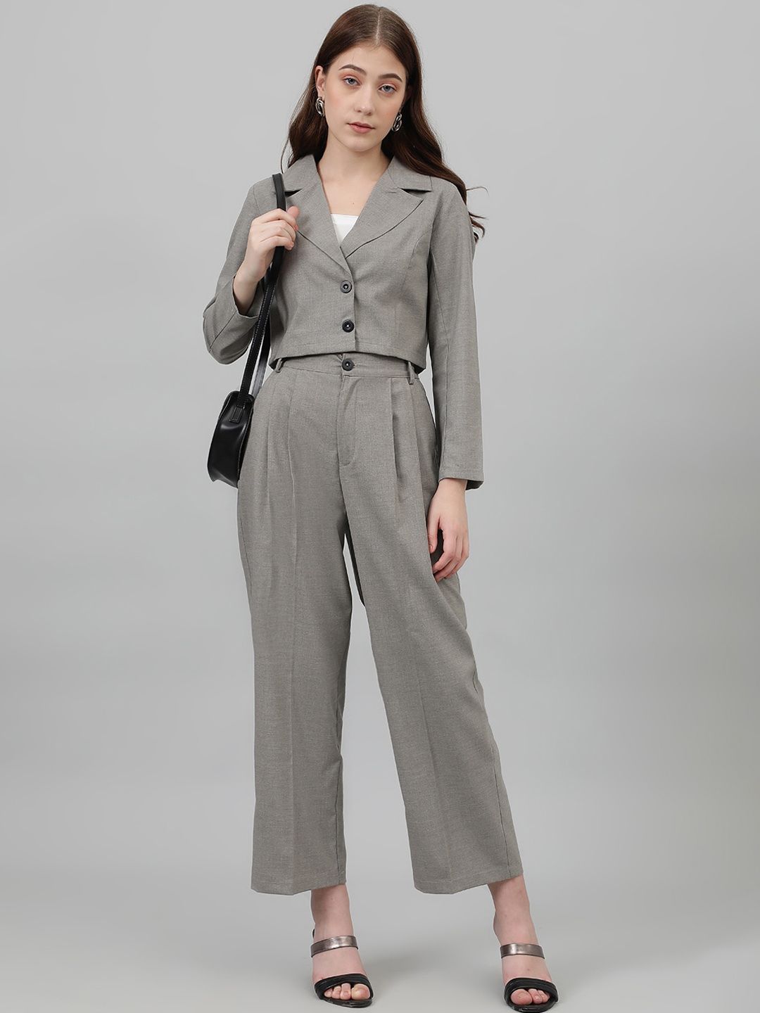 Kotty Grey Lapel Collar Crop Blazer With Trousers