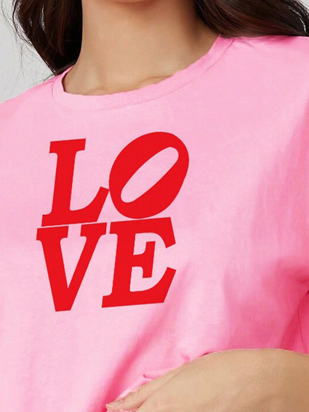 Kotty Pink Typography Printed Drop-Shoulder Sleeves Cotton Oversized Crop T-shirt