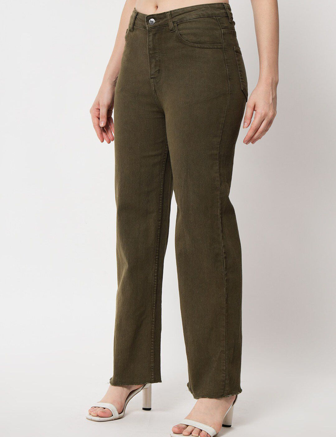 Kotty Women Olive Green Jean Straight Fit High-Rise Stretchable Jeans