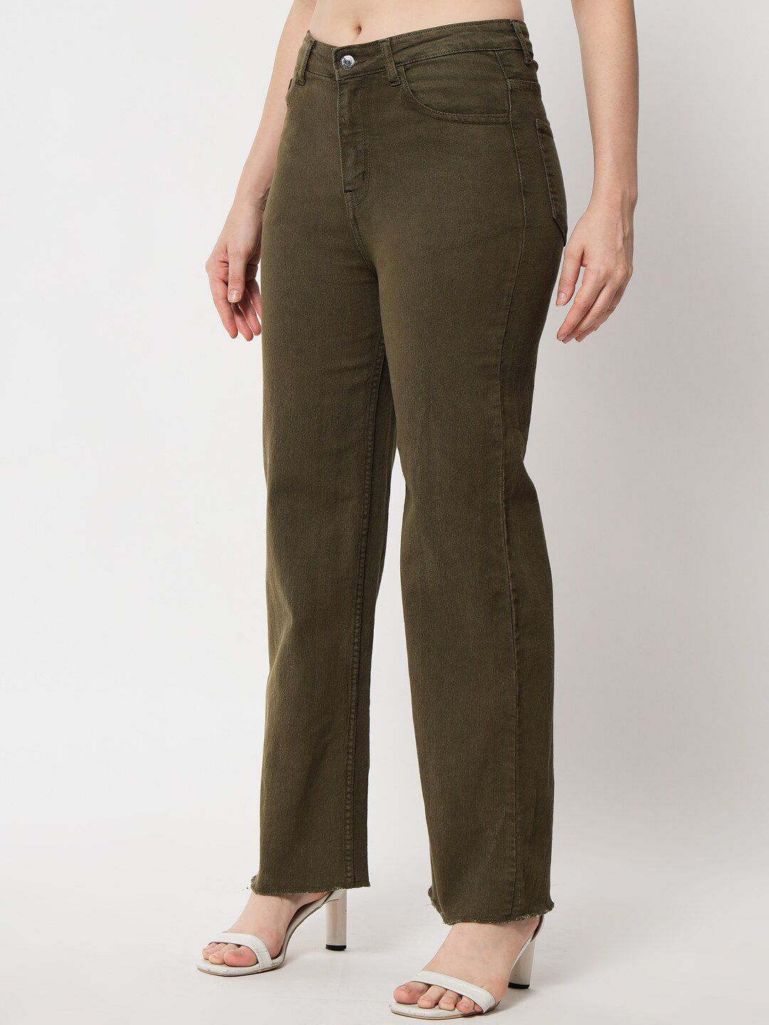 Kotty Women Olive Green Jean Straight Fit High-Rise Stretchable Jeans