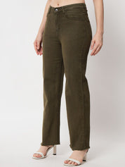 Kotty Women Olive Green Jean Straight Fit High-Rise Stretchable Jeans