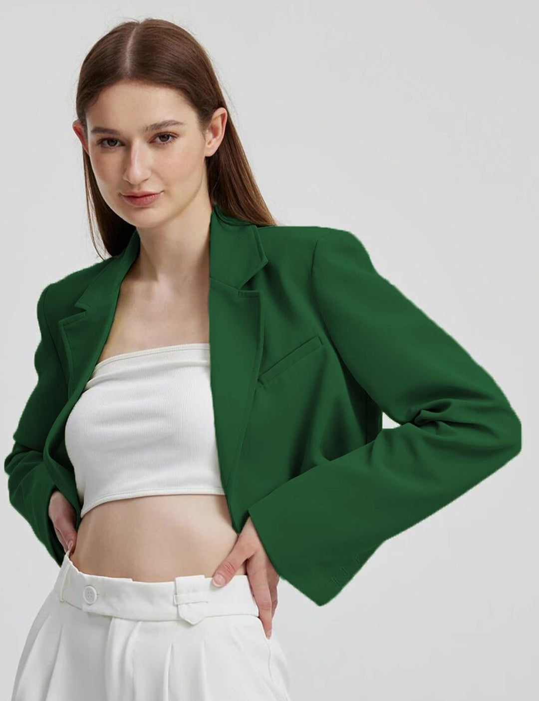 Kotty Green Crop Notched Lapel Collar Regular Fit Blazer