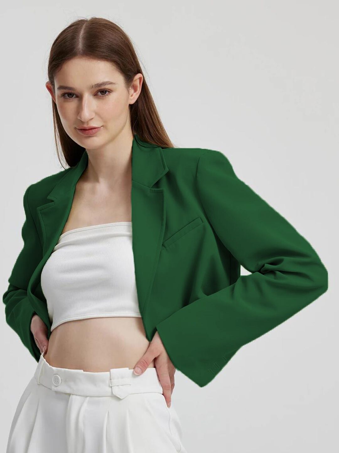 Kotty Green Crop Notched Lapel Collar Regular Fit Blazer