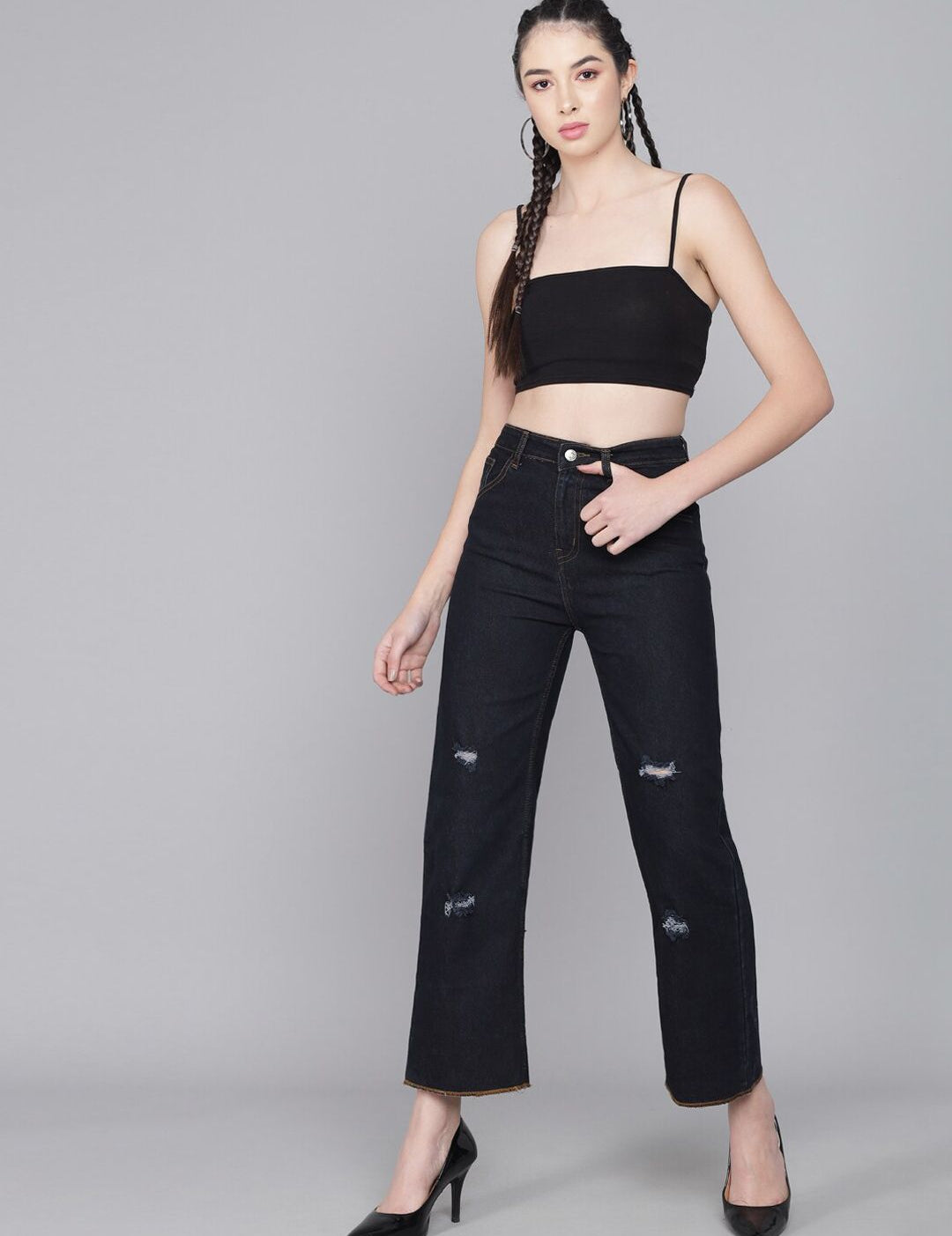 Kotty Women Black Flared High-Rise Mildly Distressed Jeans