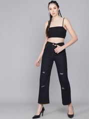 Kotty Women Black Flared High-Rise Mildly Distressed Jeans