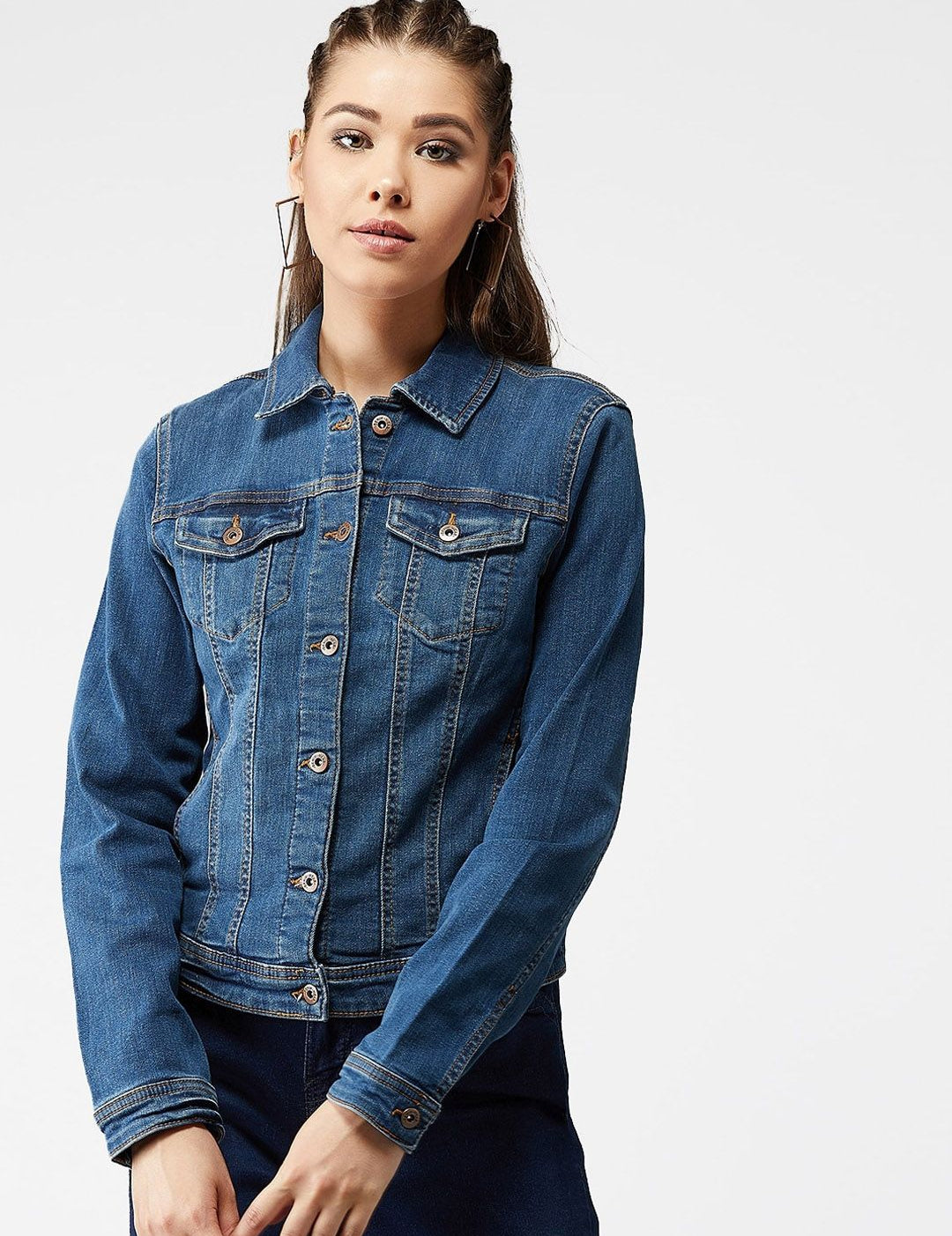 Kotty Women Navy Blue Solid Denim Jacket