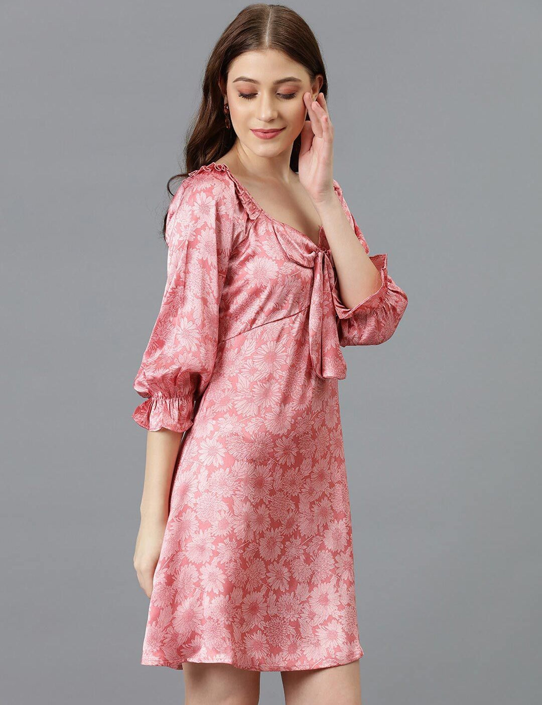 Kotty Pink Floral Printed Sweetheart Neck Bell Sleeves Tie-Ups Satin A-Line Dress
