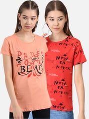 Kotty Women Pack of 2 Peach-Coloured & Red Printed Round Neck T-shirts