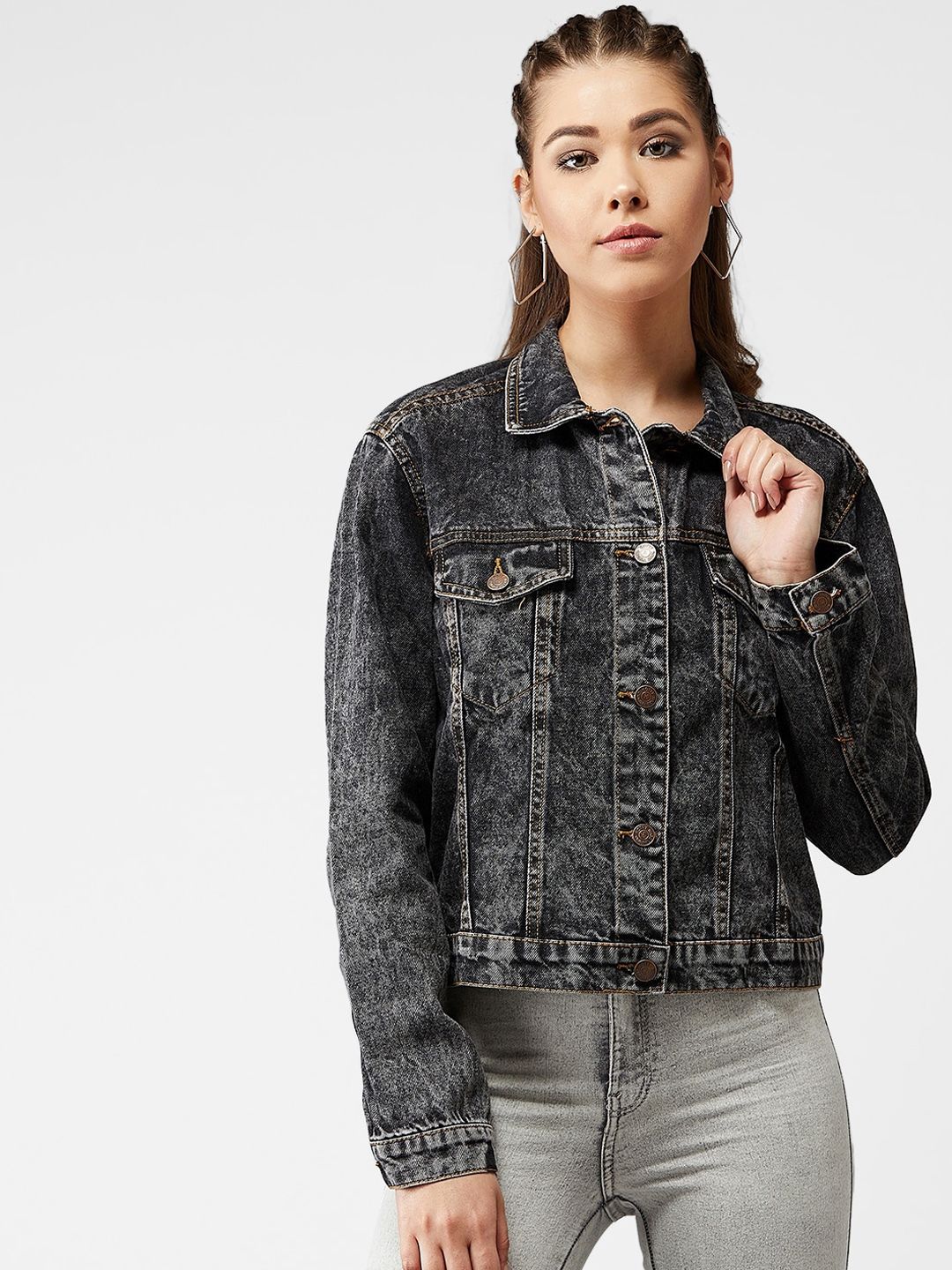 Kotty Women Grey Solid Denim Jacket