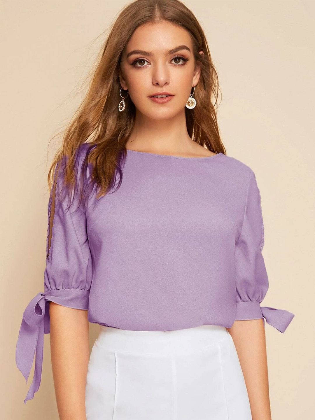 Kotty Purple Boat Neck Slit Sleeve Top