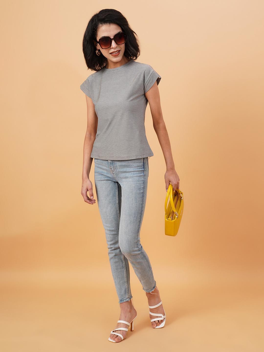 Kotty Grey Round Neck Cap Sleeves Regular T-shirt