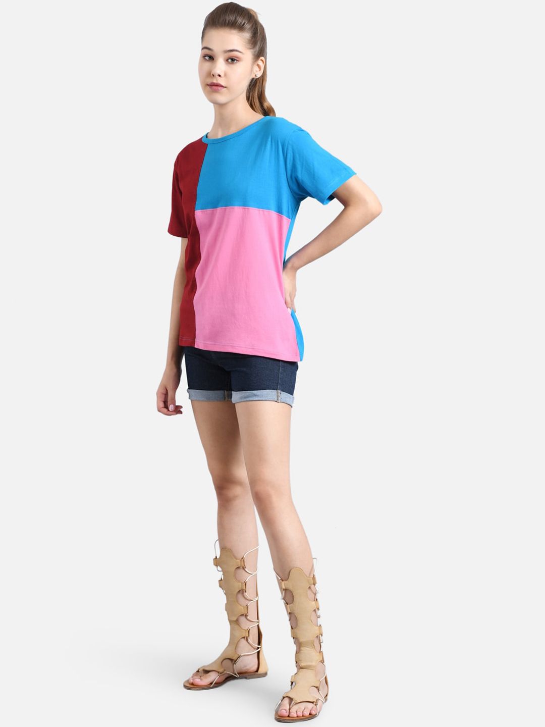 Kotty Women Multicoloured Colourblocked Round Neck T-shirt