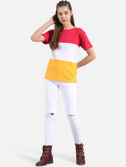 Kotty Women Pink & Yellow Colourblocked Round Neck T-shirt