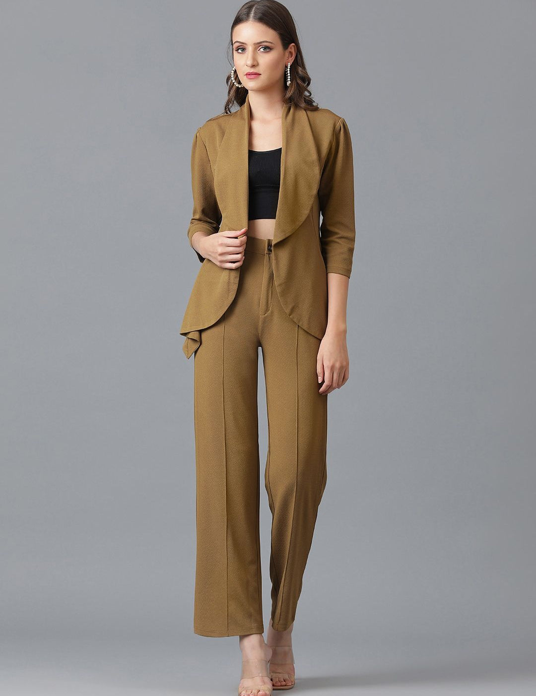 KOTTY BIZwear Brown Shawl Neck Coat With Trousers