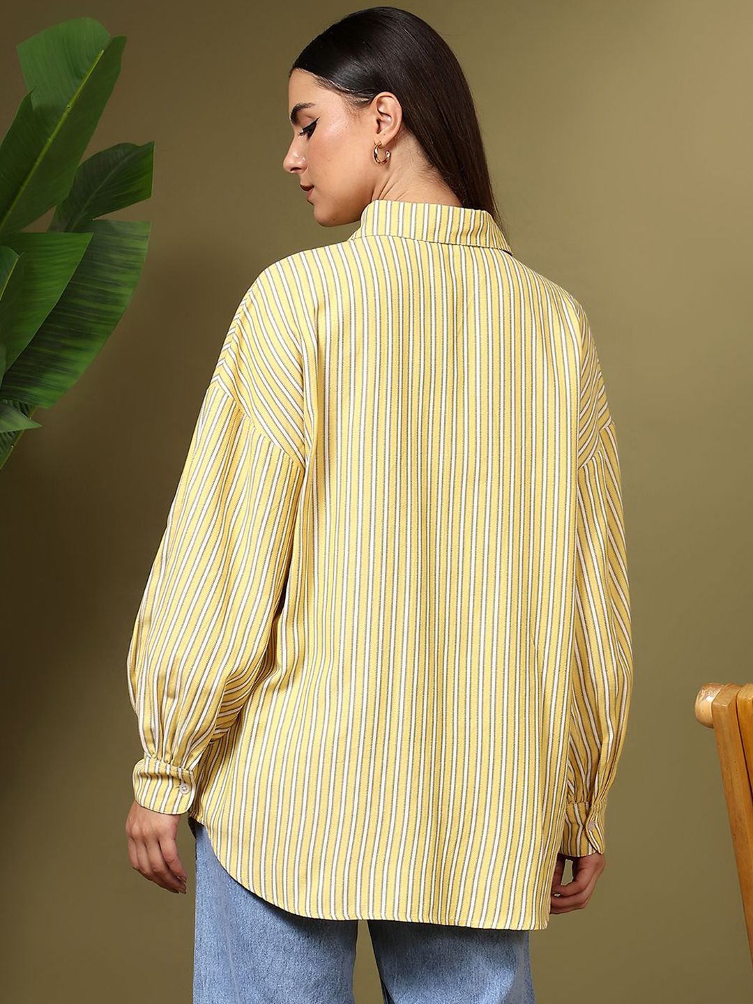 Kotty Women Spread Collar Vertical Striped Cotton Casual Shirt