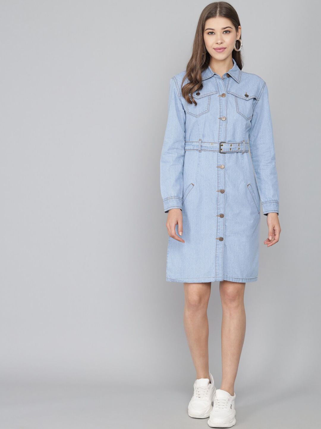 Kotty Women Blue Belted Pure Cotton Denim Shirt Dress
