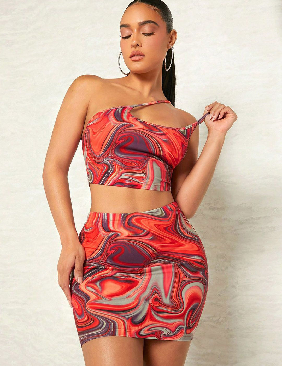 Kotty Brown Abstract Printed One Shoulder Top With Skirts