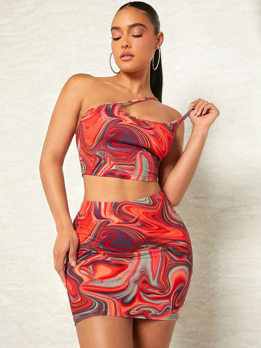 Kotty Brown Abstract Printed One Shoulder Top With Skirts