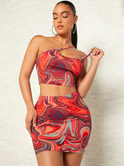 Kotty Brown Abstract Printed One Shoulder Top With Skirts