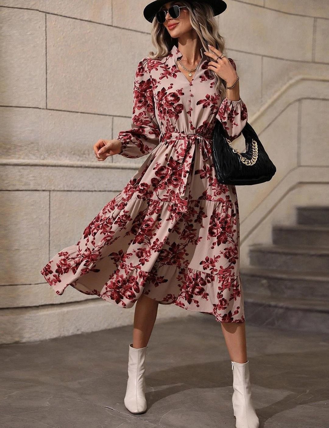 Kotty Maroon Floral Print A-Line Midi Dress