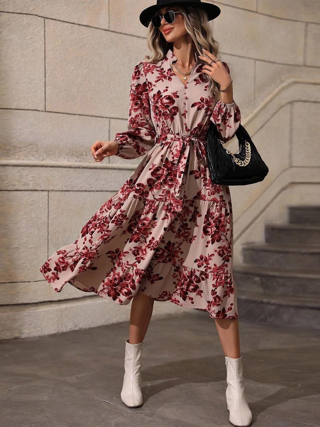 Kotty Maroon Floral Print A-Line Midi Dress