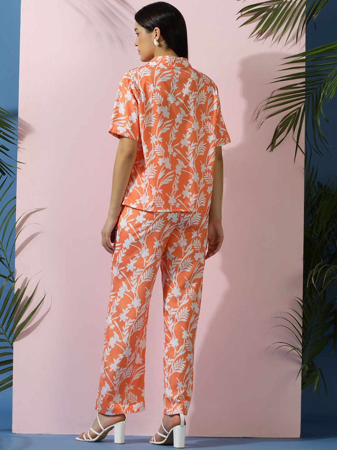 Kotty Orange Floral Printed Shirt Collar Shirt With Trousers  