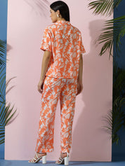 Kotty Orange Floral Printed Shirt Collar Shirt With Trousers  